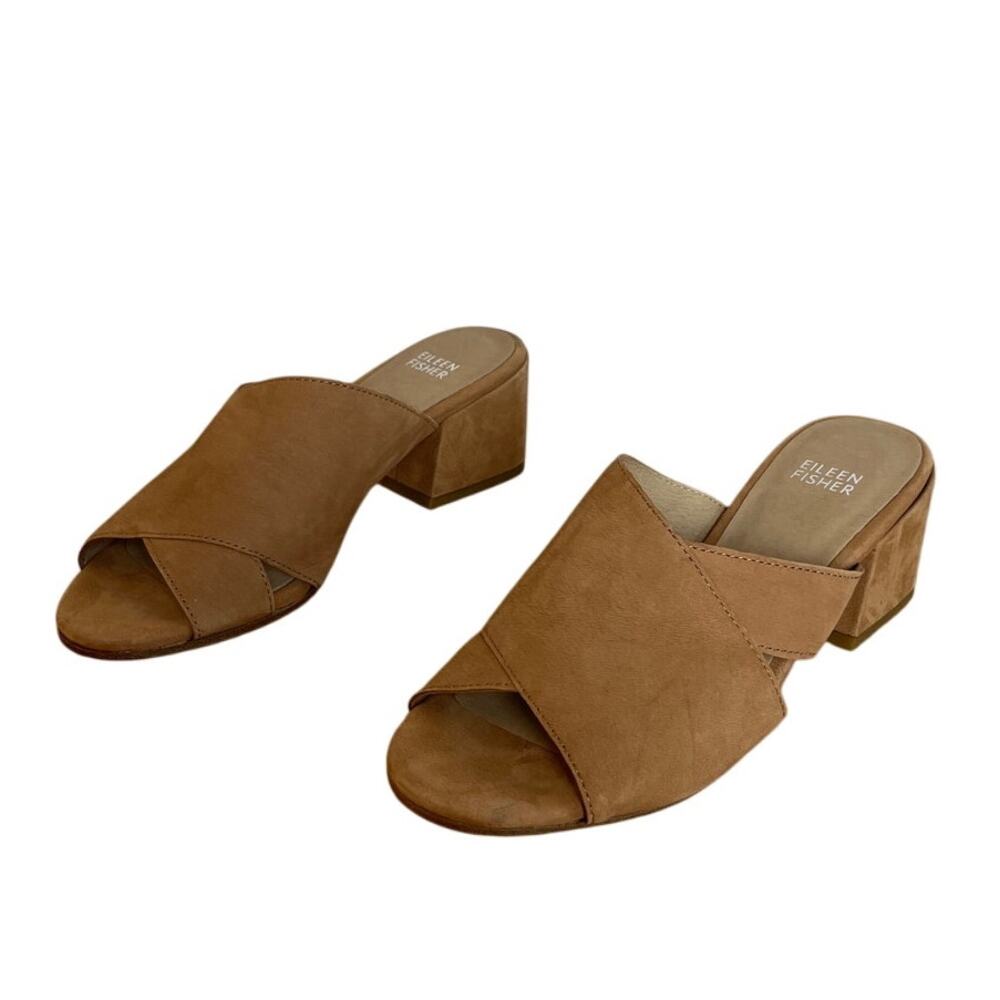 Eileen Fisher Vero Cuoio Leather Heeled Slide Sandals Size 6.5 Tan Cushioned